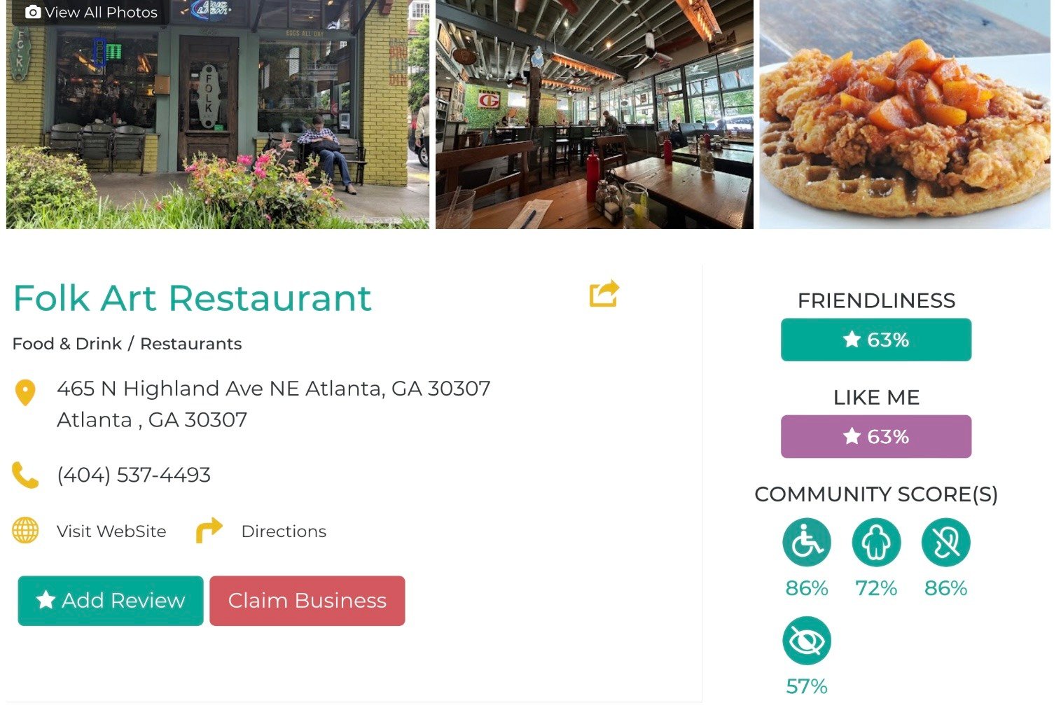 Accessibility Review of Folk Art Restaurant featuring the Friendly like Me app accessibility scores