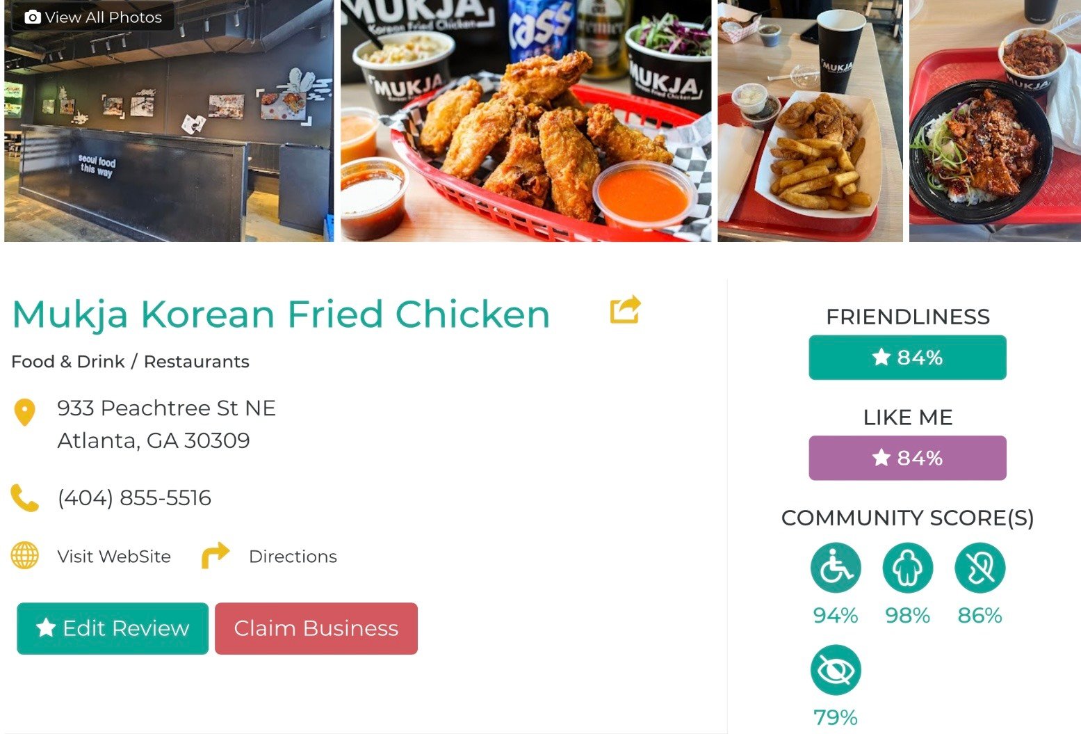 Accessibility Review of Mukja Korean Fried Chicken restaurant including Friendly Like Me app accessibility scores for friendliness to mobility, deaf/hard of hearing, vision, and size