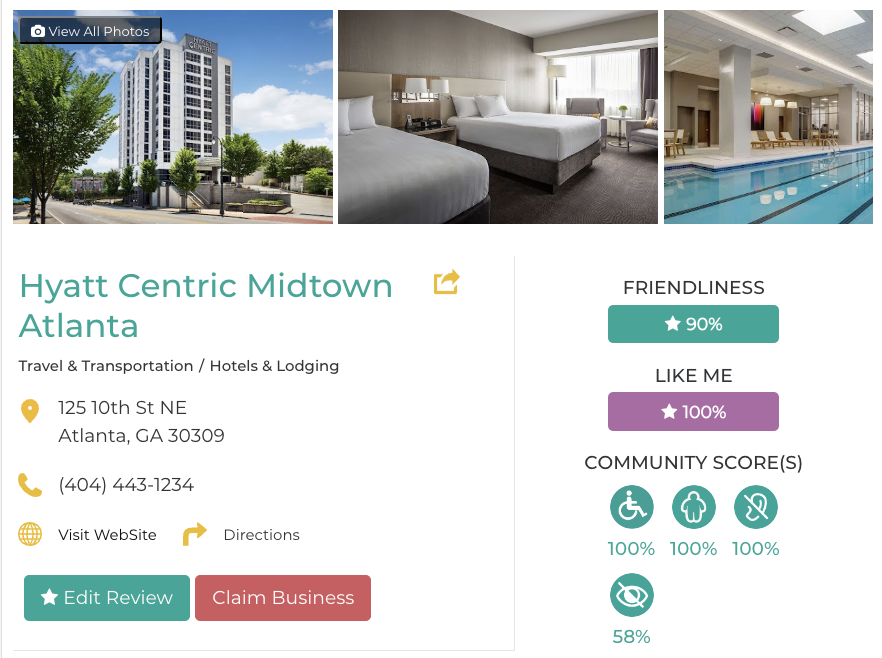 Hyatt Centric Midtown Atlanta Friendly Like Me accessibility review containing scores for mobility, weight, deaf, hard of hearing, blind, and low vision communities