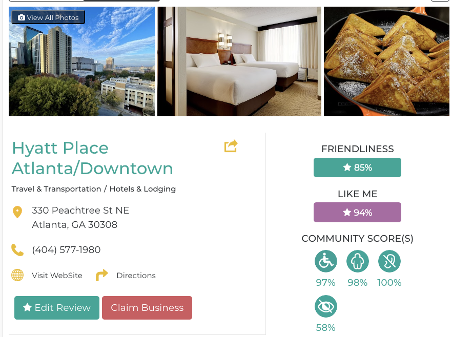 Hyatt Place Atlanta/Downtown Friendly Like Me accessibility review containing scores for mobility, weight, deaf, hard of hearing, blind, and low vision communities