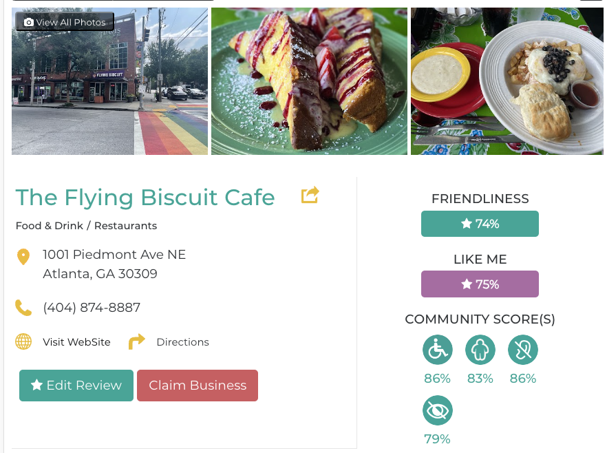 The Flying Biscuit Cafe Friendly Like Me accessibility review containing scores for mobility, weight, deaf, hard of hearing, blind, and low vision communities