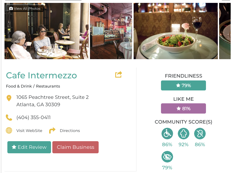 Cafe Intermezzo-Midtown Friendly Like Me accessibility review containing scores for mobility, weight, deaf, hard of hearing, blind, and low vision communities