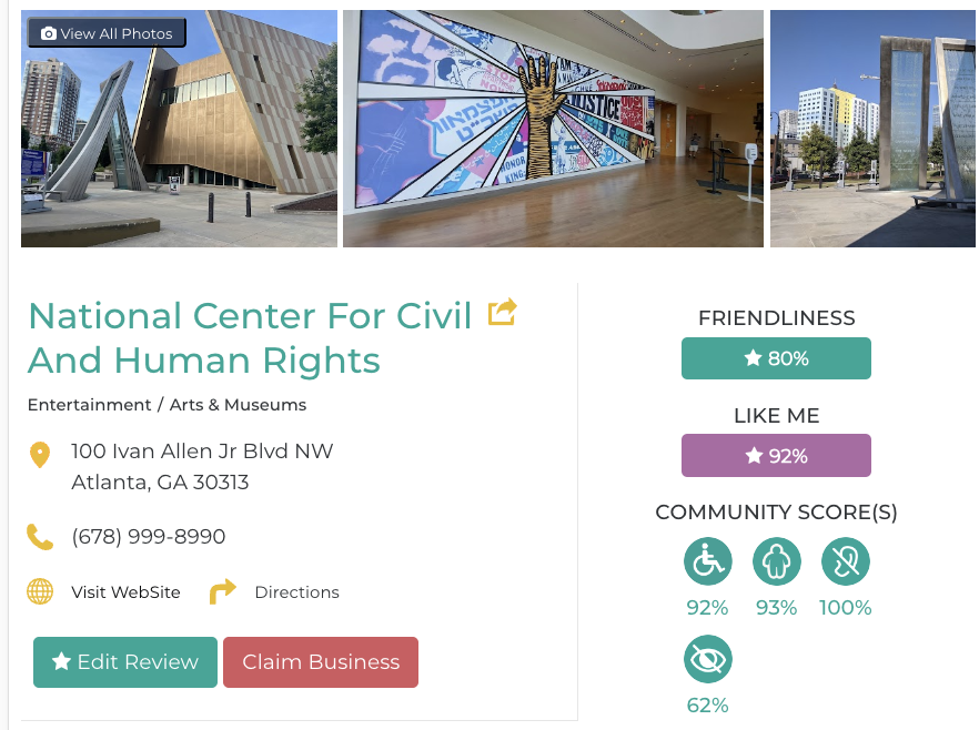 National Center for Civil and Human Rights  Friendly Like Me accessibility review containing scores for mobility, weight, deaf, hard of hearing, blind, and low vision communities