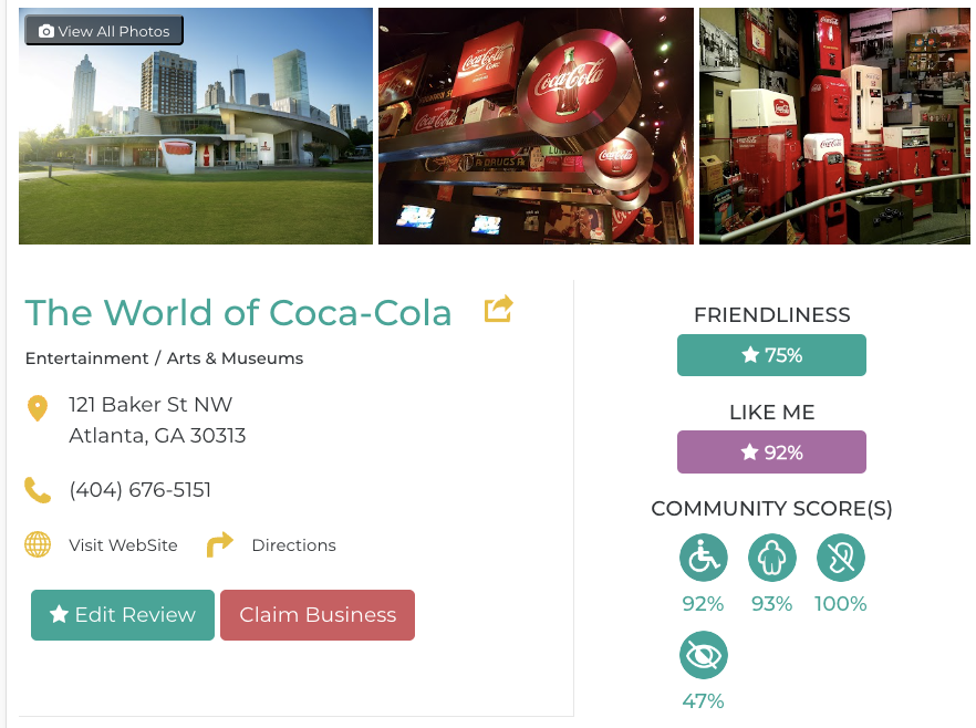 World of CocaCola Friendly Like Me accessibility review containing scores for mobility, weight, deaf, hard of hearing, blind, and low vision communities