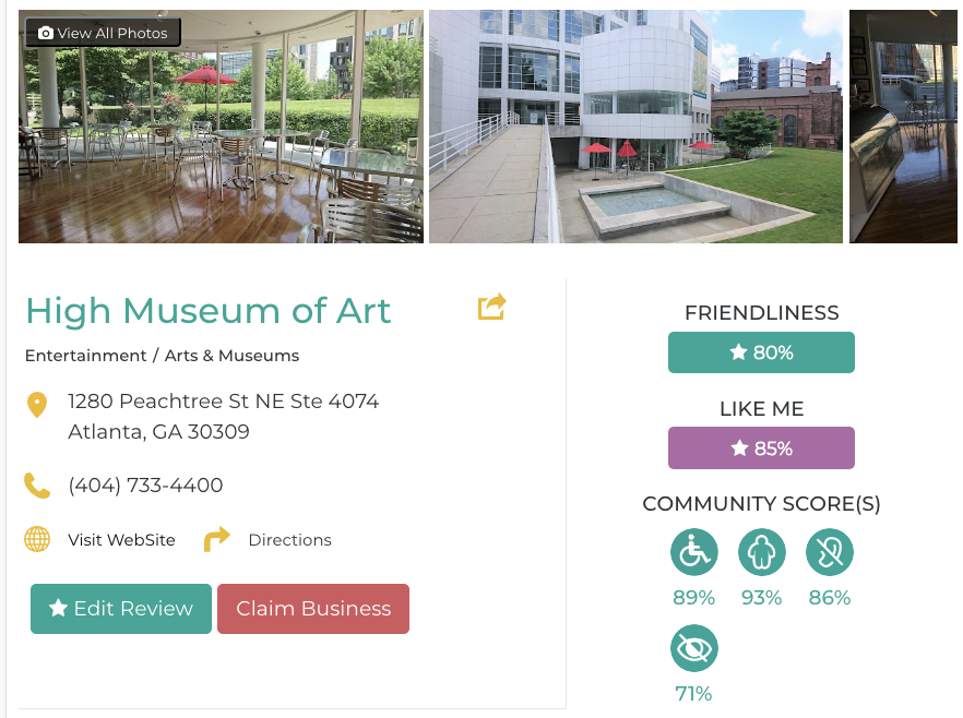 High Museum of Art Friendly Like Me accessibility review containing scores for mobility, weight, deaf, hard of hearing, blind, and low vision communities