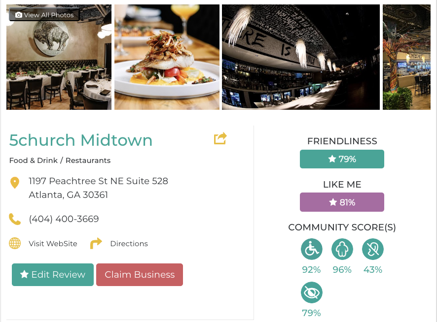 5church Midtown Friendly Like Me accessibility review containing scores for mobility, weight, deaf, hard of hearing, blind, and low vision communities