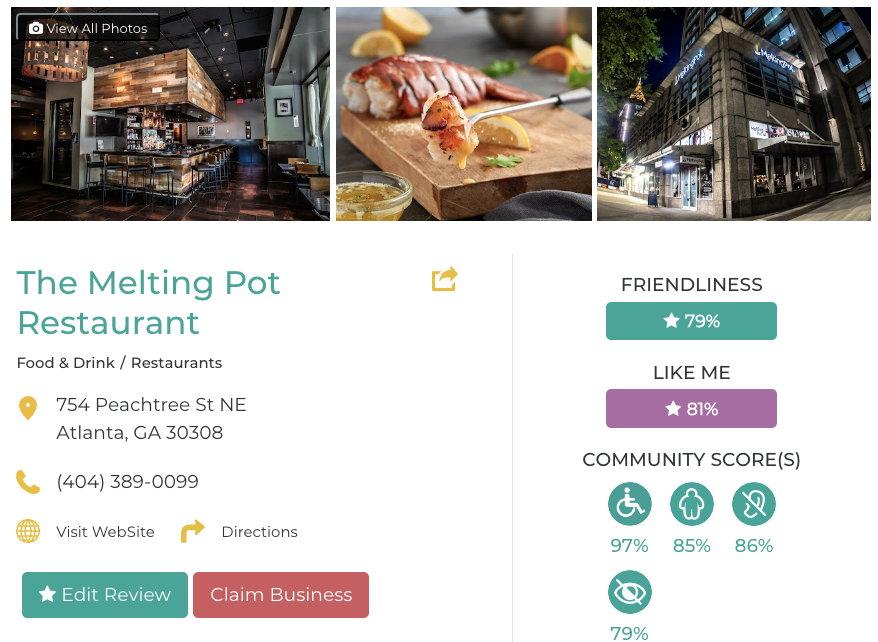 The Melting Pot Restaurant Friendly Like Me accessibility review containing scores for mobility, weight, deaf, hard of hearing, blind, and low vision communities