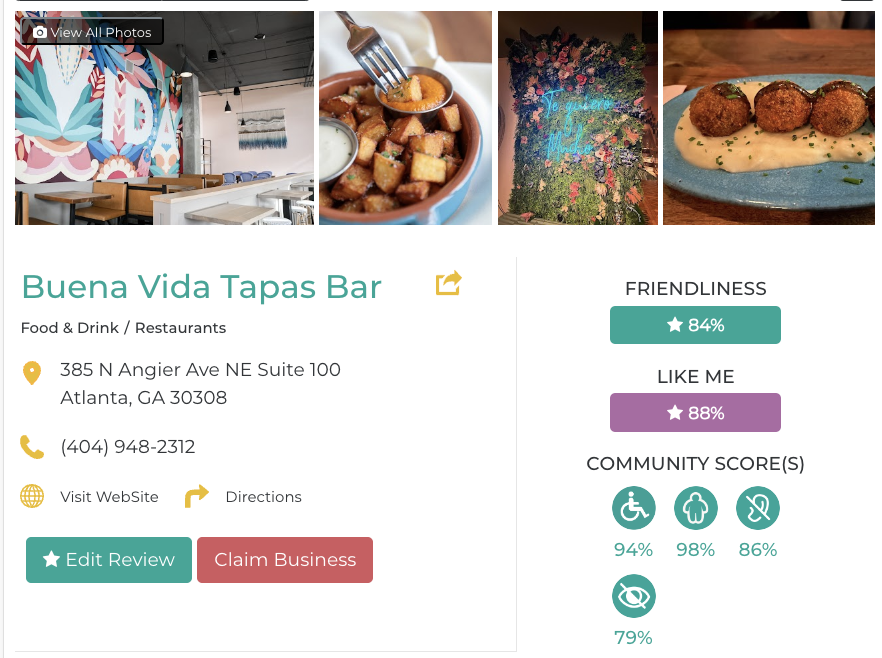 Buena Vida Tapas Bar Friendly Like Me accessibility review containing scores for mobility, weight, deaf, hard of hearing, blind, and low vision communities