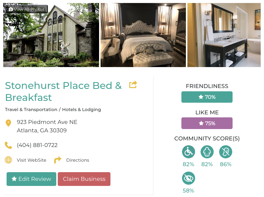 Stonehurst Place Bed & Breakfast Friendly Like Me accessibility review containing scores for mobility, weight, deaf, hard of hearing, blind, and low vision communities