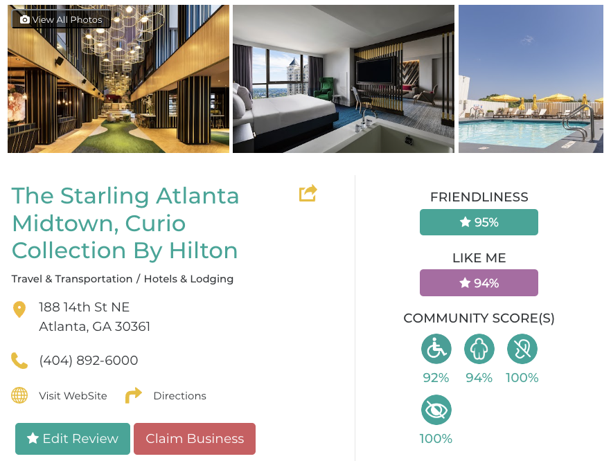 The Starling Atlanta Midtown, Curio Collection By Hilton Friendly Like Me accessibility review containing scores for mobility, weight, deaf, hard of hearing, blind, and low vision communities