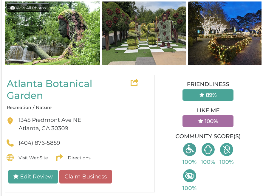 Atlanta Botanical Garden Friendly Like Me accessibility review containing scores for mobility, weight, deaf, hard of hearing, blind, and low vision communities