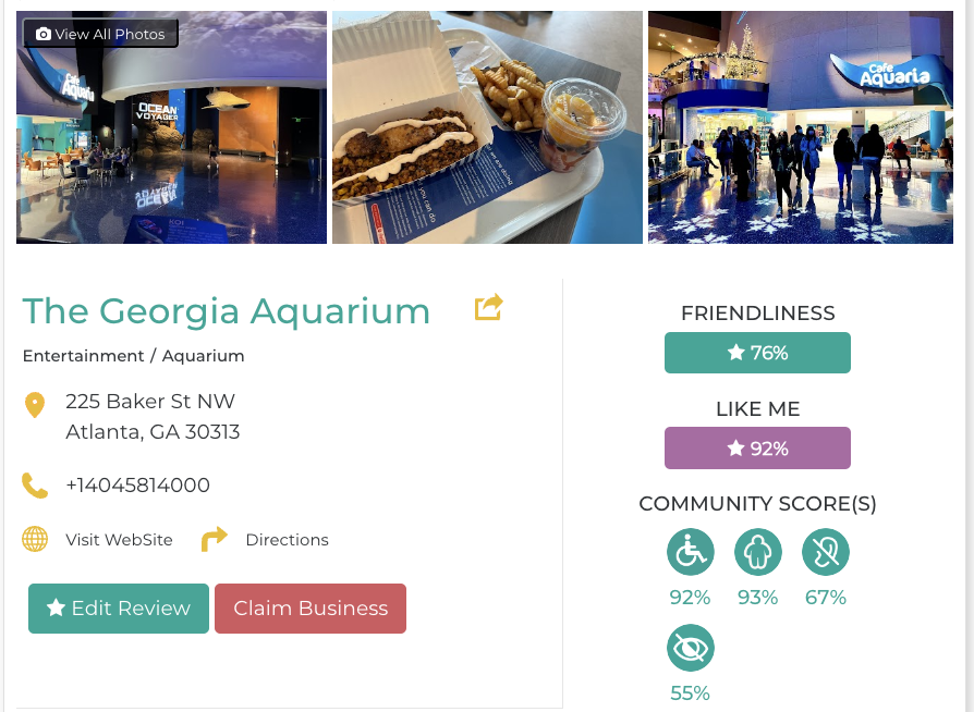 The Georgia Aquarium Friendly Like Me accessibility review containing scores for mobility, weight, deaf, hard of hearing, blind, and low vision communities