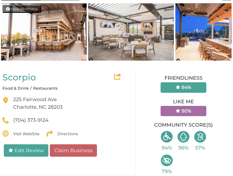 Scorpio Lounge Charlotte Accessibility Review Friendly Like Me App containing scores for mobility, weight, deaf, hard of hearing, blind, and low vision communities