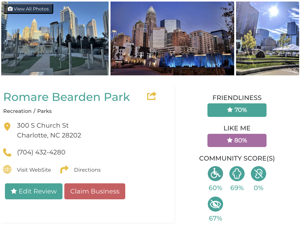 Romare Bearden Park Accessibility Review Friendly Like Me App containing scores for mobility, weight, deaf, hard of hearing, blind, and low vision communities