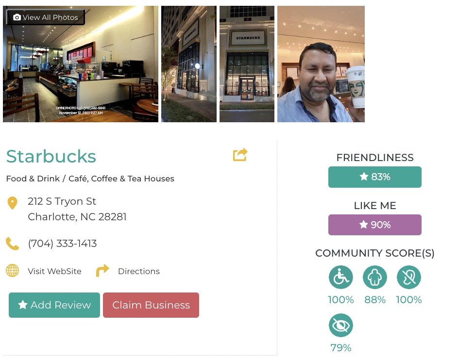 Starbucks Tyron St Accessibility Review Friendly Like Me App containing scores for mobility, weight, deaf, hard of hearing, blind, and low vision communities