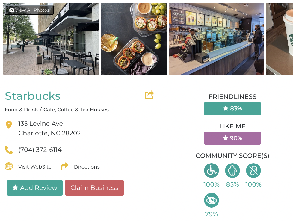 Starbucks Levine Ave Accessibility Review Friendly Like Me App containing scores for mobility, weight, deaf, hard of hearing, blind, and low vision communities