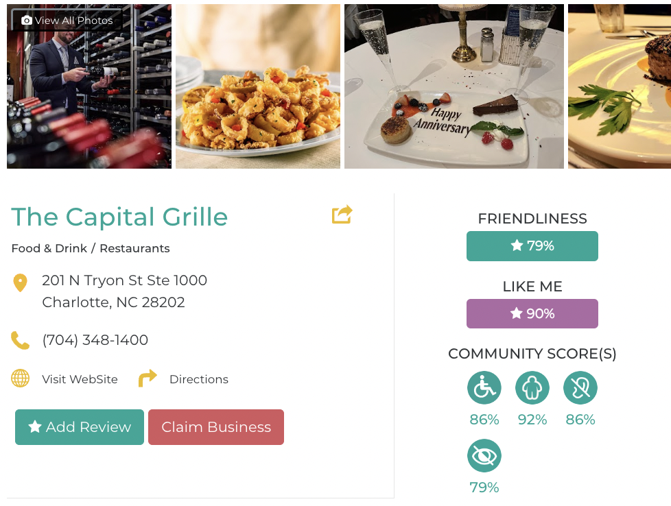 Capital Grille  Friendly Like Me App Accessibility Review containing scores for mobility, weight, deaf, hard of hearing, blind, and low vision communities