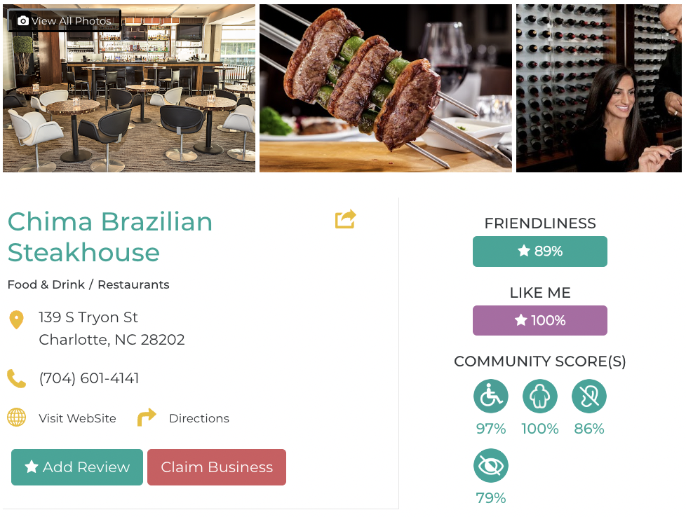 Chima Brazilian Steakhouse Accessibility Review Friendly Like Me App containing scores for mobility, weight, deaf, hard of hearing, blind, and low vision communities