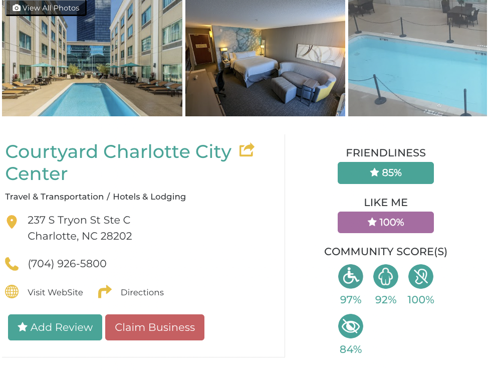 Courtyard by Marriott Charlotte City Center Friendly Like Me accessibility review containing scores for mobility, weight, deaf, hard of hearing, blind, and low vision communities