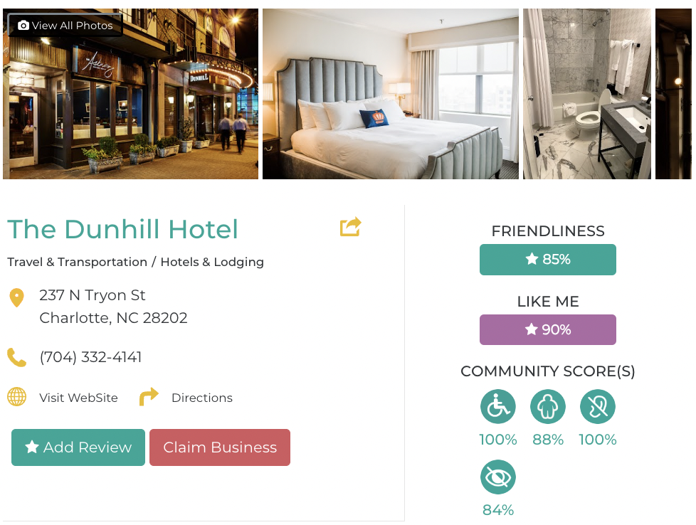 Dunhill Hotel Charlotte Accessibility Review Friendly Like Me App containing scores for mobility, weight, deaf, hard of hearing, blind, and low vision communities