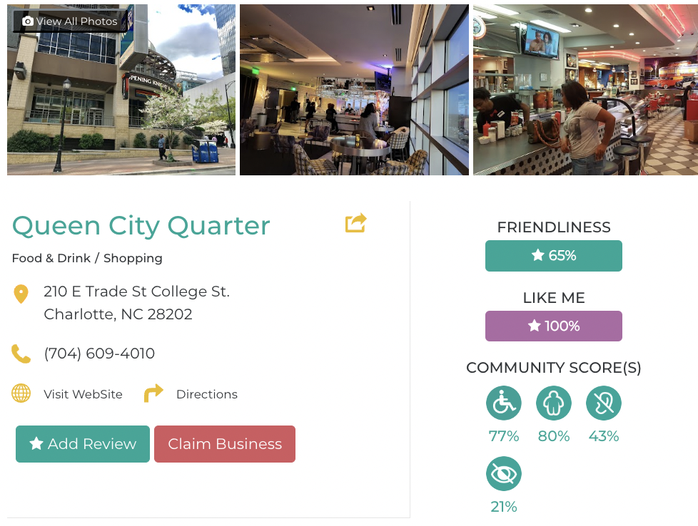 Queen City Quarter Friendly Like Me Accessibility Review containing scores for mobility, weight, deaf, hard of hearing, blind, and low vision communities