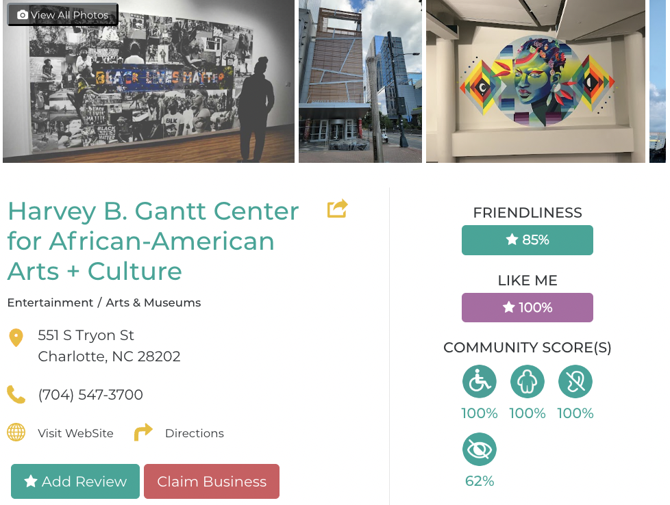 Harvey B Gantt Accessibility Review Friendly Like Me App containing scores for mobility, weight, deaf, hard of hearing, blind, and low vision communities