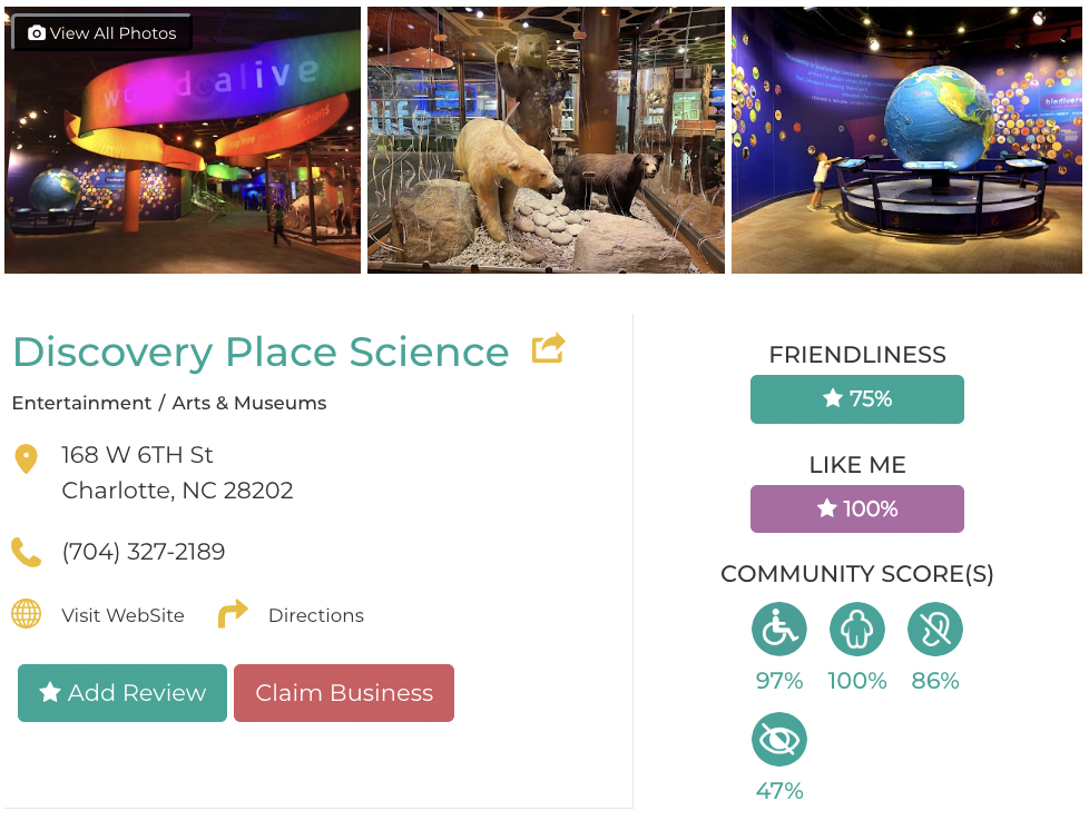 Discover Place Science Friendly Like Me Accessibility Review containing scores for mobility, weight, deaf, hard of hearing, blind, and low vision communities