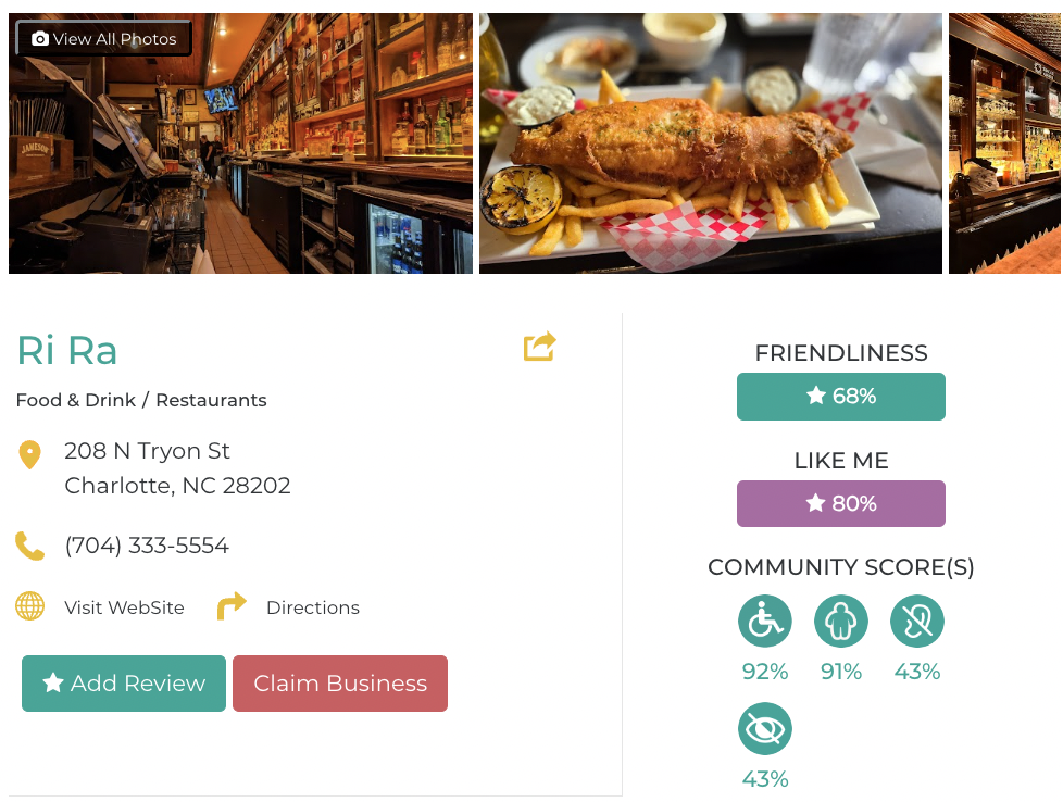 Ri Ra Restaurant Accessibility Review Friendly Like Me App containing scores for mobility, weight, deaf, hard of hearing, blind, and low vision communities