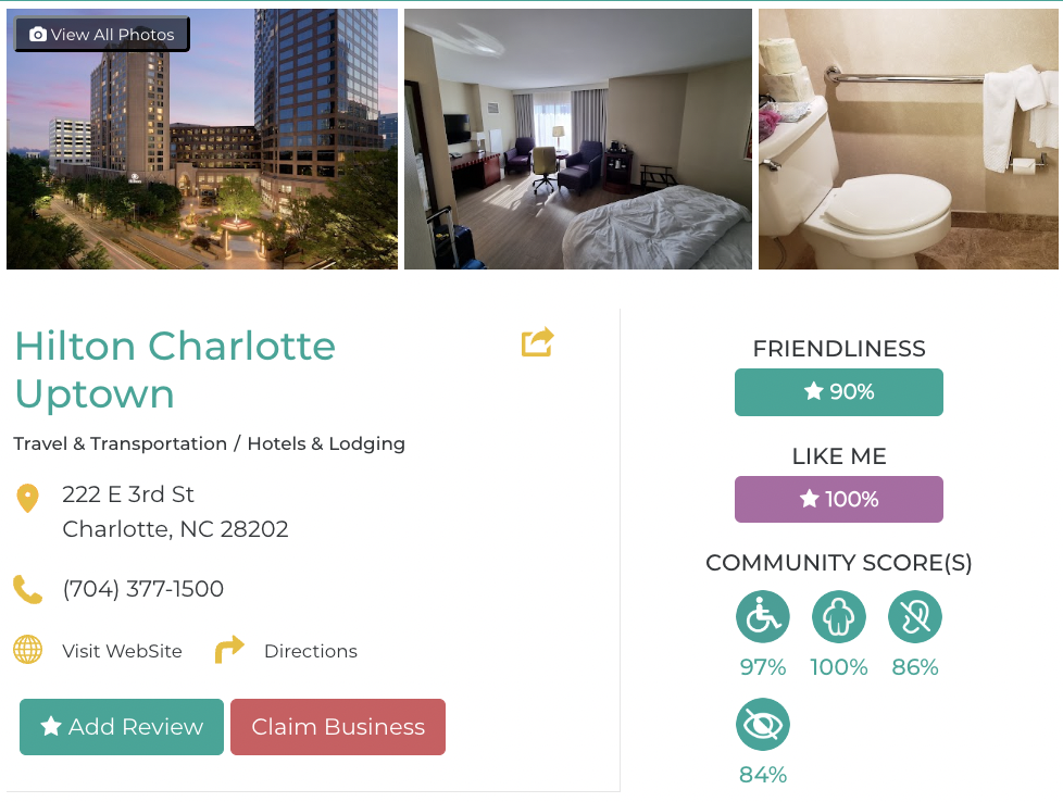 Hilton Charlotte Accessibility Review containing scores for mobility, weight, deaf, hard of hearing, blind, and low vision communities