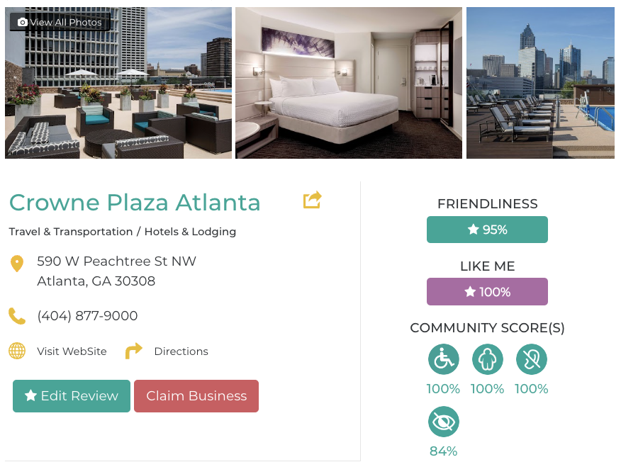 Crowne Plaza Atlanta Friendly Like Me Accessibility Review Containing Scores for Mobility, Weight, Deaf, Hard of Hearing, Blind, and Low Vision Communities