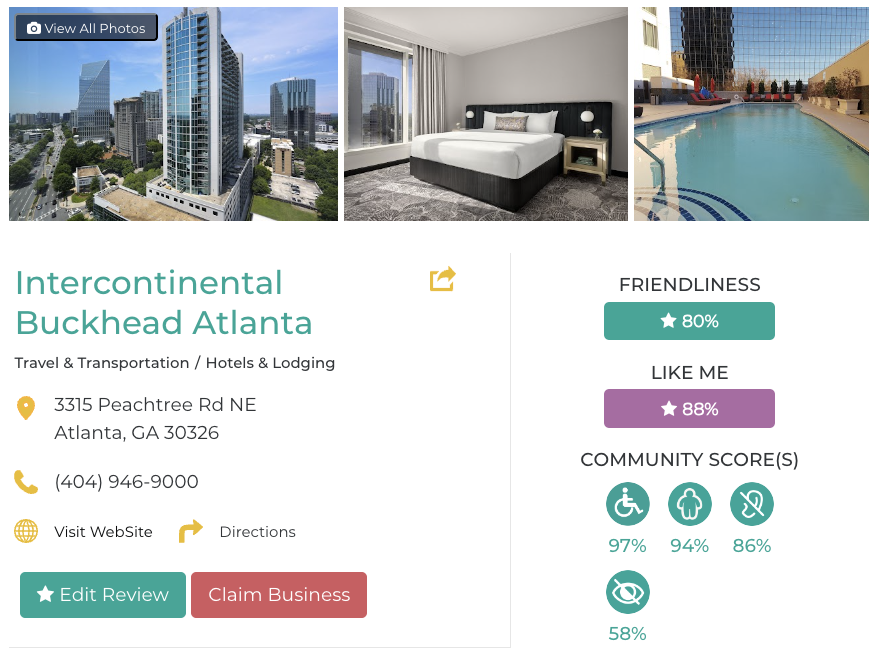 Intercontinental Buckhead Atlanta Friendly Like Me Accessibility Review Containing Scores for Mobility, Weight, Deaf, Hard of Hearing, Blind, and Low Vision Communities