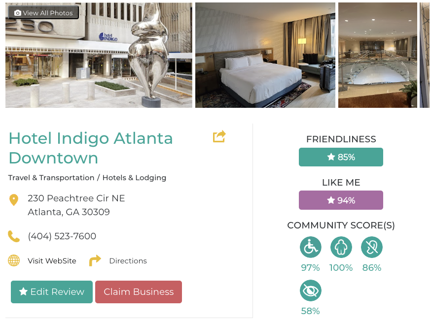 Hotel Indigo Atlanta Downtown Friendly Like Me Accessibility Review Containing Scores for Mobility, Weight, Deaf, Hard of Hearing, Blind, and Low Vision Communities