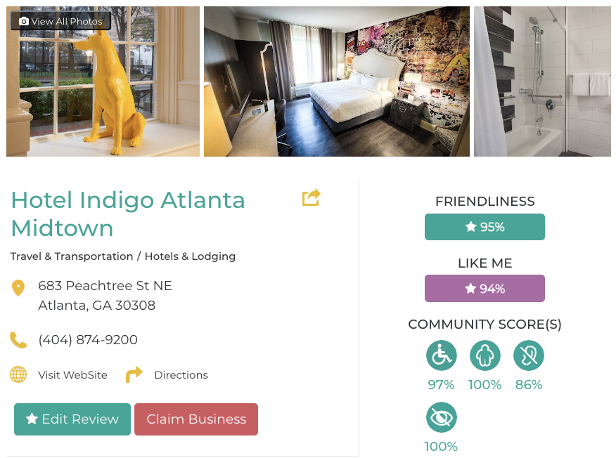 Hotel Indigo Atlanta Midtown Friendly Like Me Accessibility Review Containing Scores for Mobility, Weight, Deaf, Hard of Hearing, Blind, and Low Vision Communities