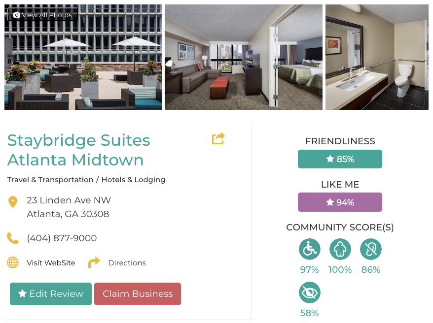 Staybridge Suites Atlanta Midtown Friendly Like Me Accessibility Review Containing Scores for Mobility, Weight, Deaf, Hard of Hearing, Blind, and Low Vision Communities