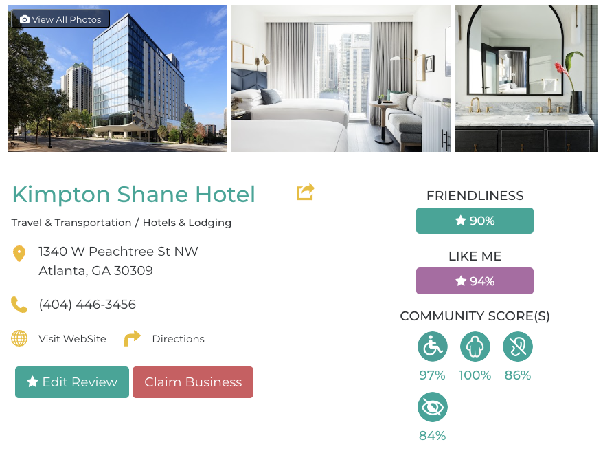 Kimpton Shane Hotel Friendly Like Me Accessibility Review Containing Scores for Mobility, Weight, Deaf, Hard of Hearing, Blind, and Low Vision Communities