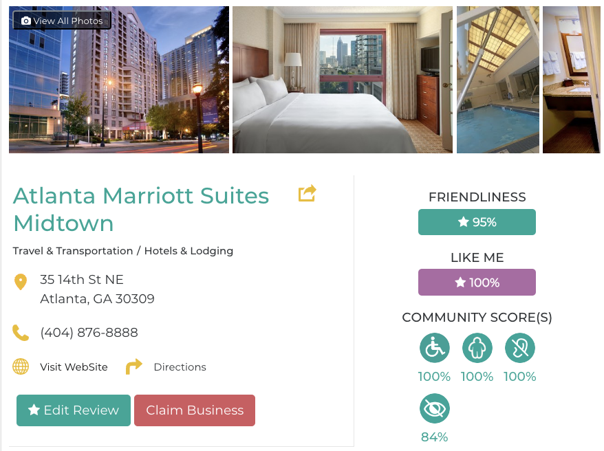 Atlanta Marriott Suites Midtown Friendly Like Me Accessibility Review Containing Scores for Mobility, Weight, Deaf, Hard of Hearing, Blind, and Low Vision Communities