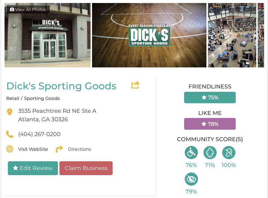 Dick's Sporting Goods Atlanta Friendly Like Me Accessibility Review Containing Scores for Mobility, Weight, Deaf, Hard of Hearing, Blind, and Low Vision Communities