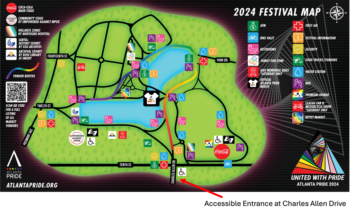 Map of Atlanta Pride festival showing availability of restrooms, water stations, accessible entrance and accessible viewing areas