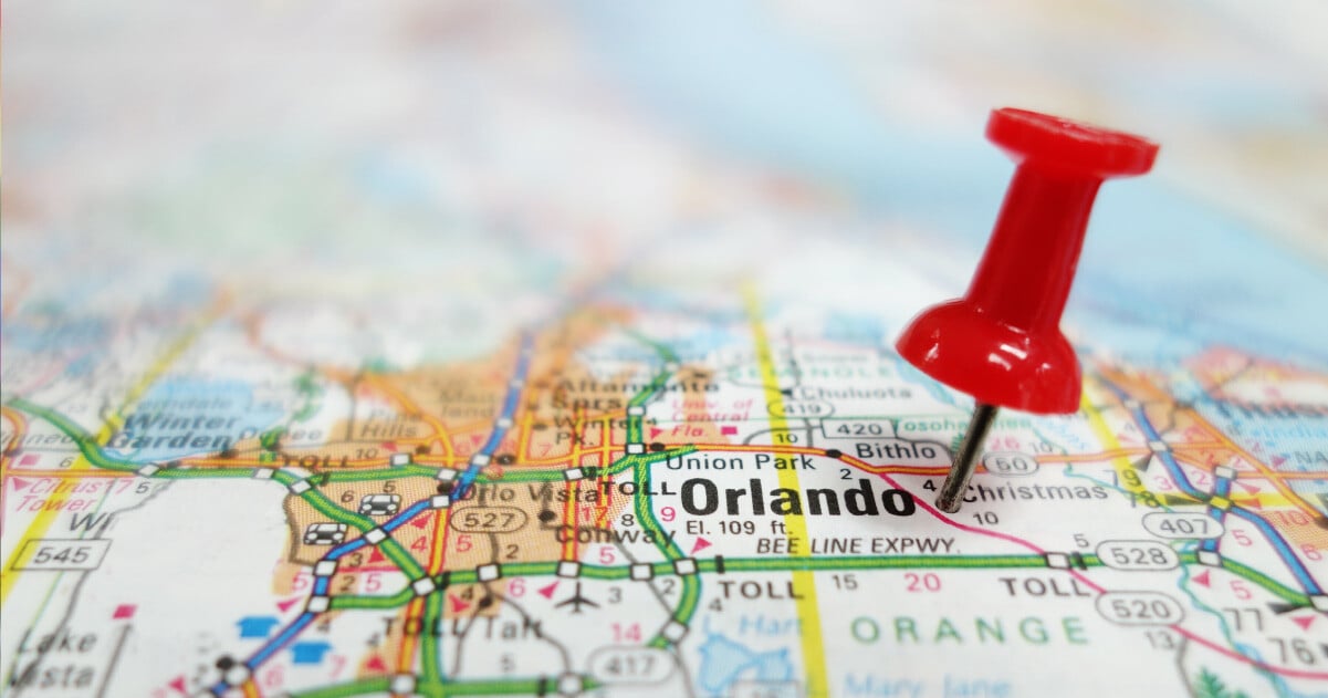 Map of Orlando with thumbtack marking Walt Disney World location.  Accessibility reviews.  Friendly Like Me scores.  Wheelchair travel, plus size, blind, low vision, deaf, hard of hearing