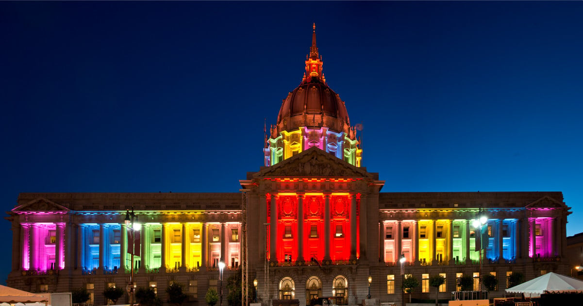 San Francisco City Hall Illuminated for Pride. Accessibility Guide
